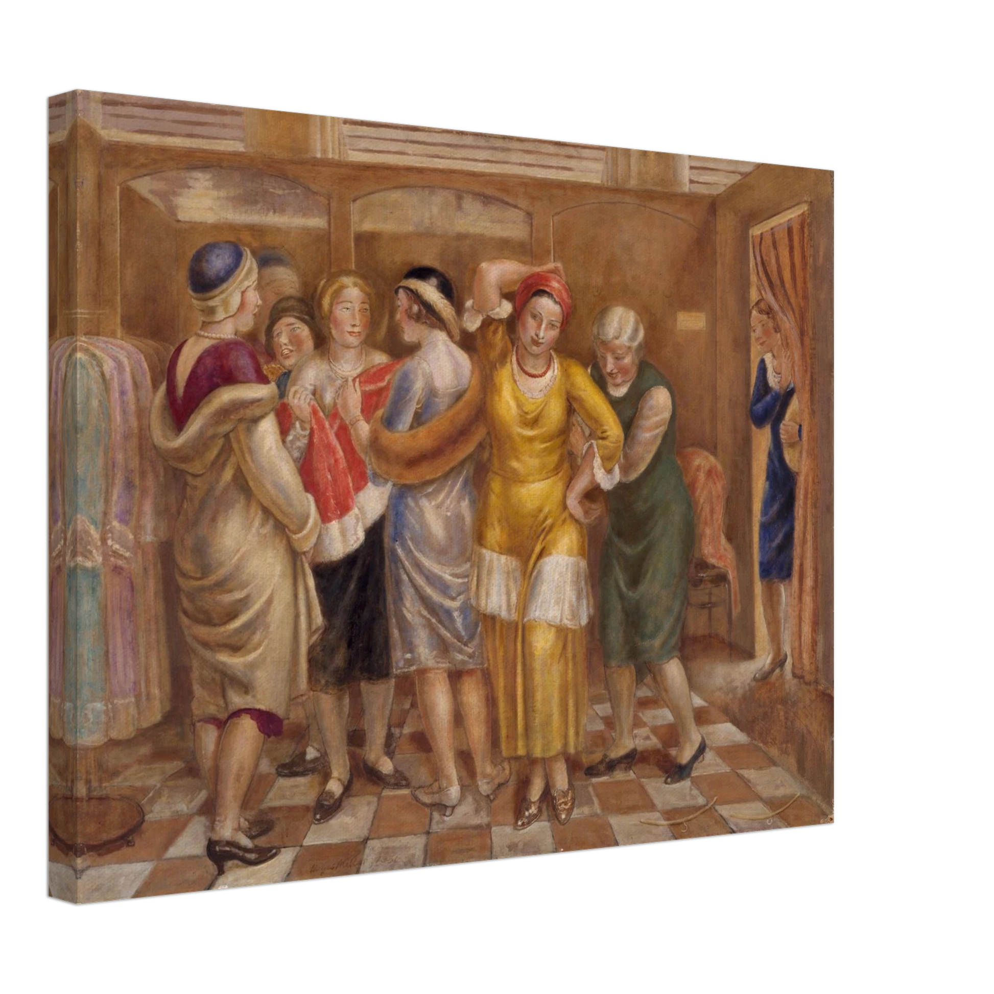 Women try on dresses in a fitting room with wooden stalls and a checkered floor
