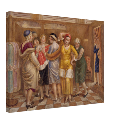 Women try on dresses in a fitting room with wooden stalls and a checkered floor