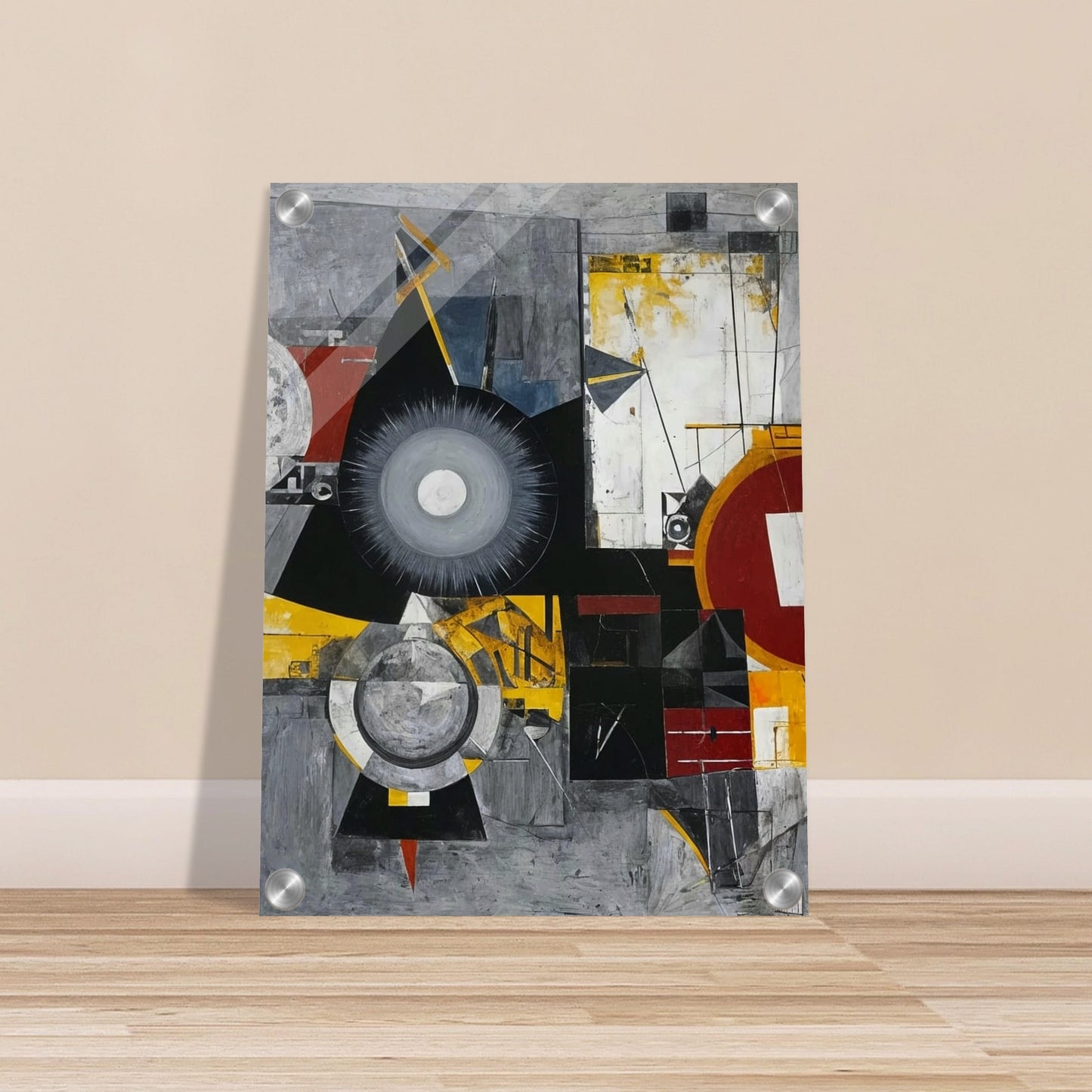 An abstract painting featuring geometric shapes, circles, and lines in a dynamic composition with a mix of gray, black, red, and yellow hues.