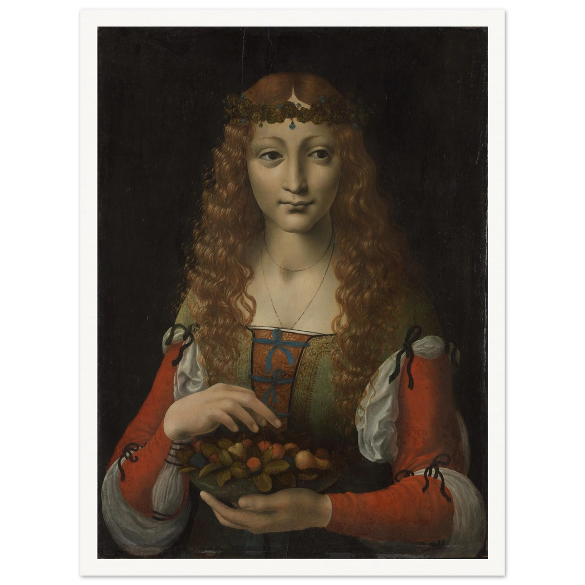 A young woman with long curls and a leafy crown holds a bowl of fruit against a dark background.