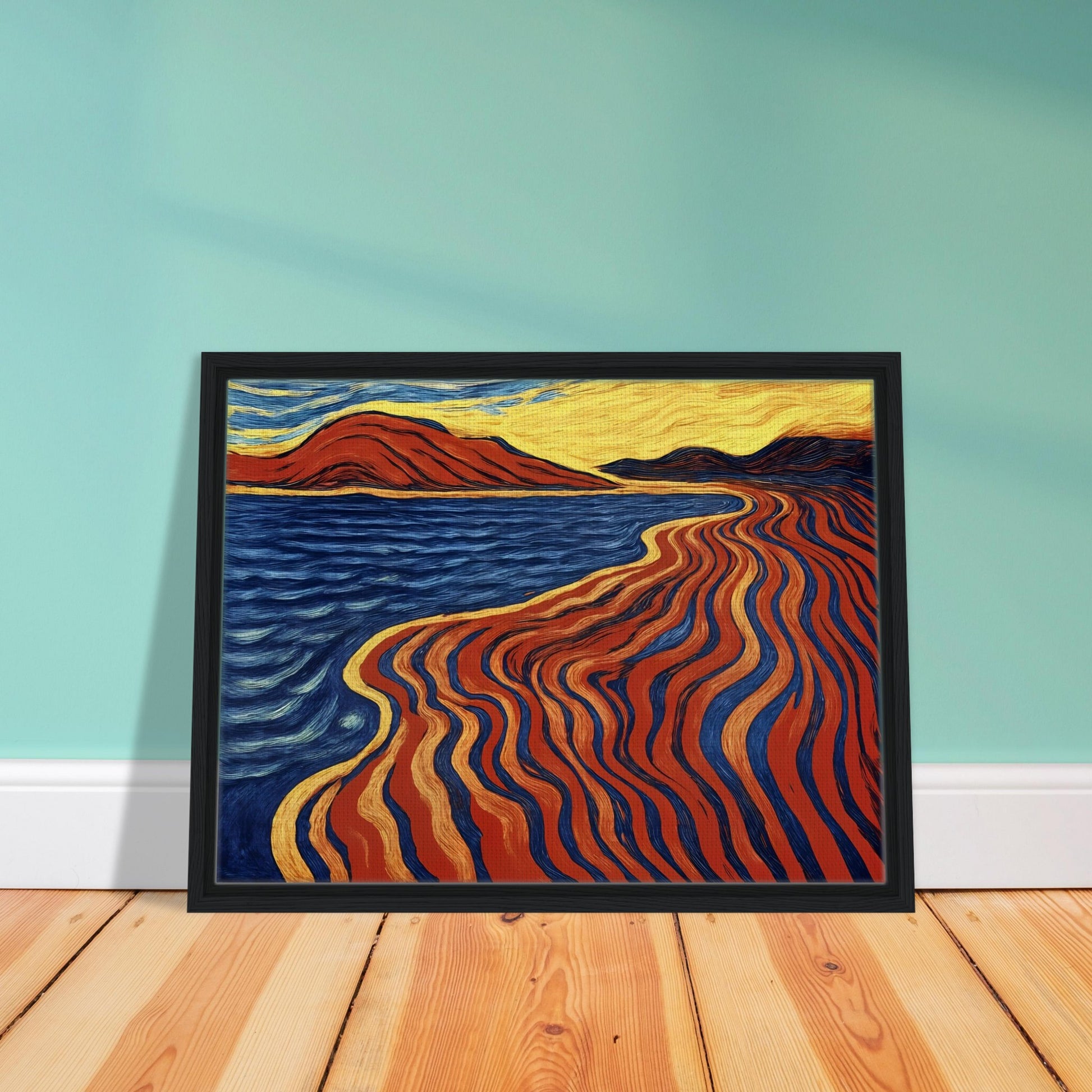 A bold coastal painting with flowing red, blue, and gold lines merging land and sea in a fiery, rhythmic motion.