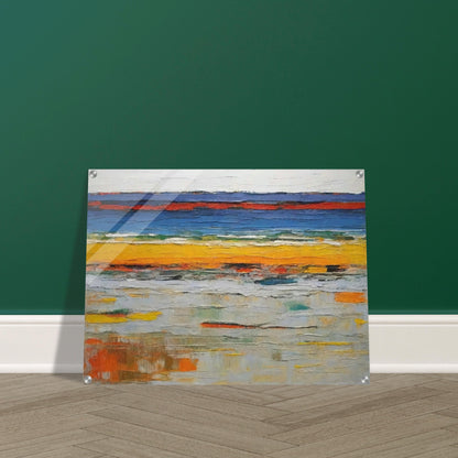 An abstract painting featuring horizontal layers of vibrant colors, including deep blues, bright yellows, and muted grays. The textured brushstrokes create a sense of depth and movement, evoking the appearance of layered landscapes or geological strata.