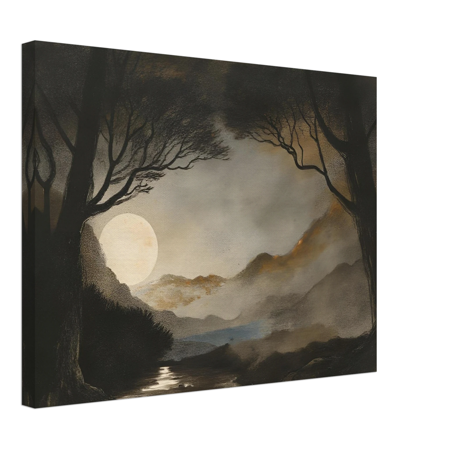 A dreamy night scene of a full moon casting light over misty mountains, dark trees, and a reflective stream.