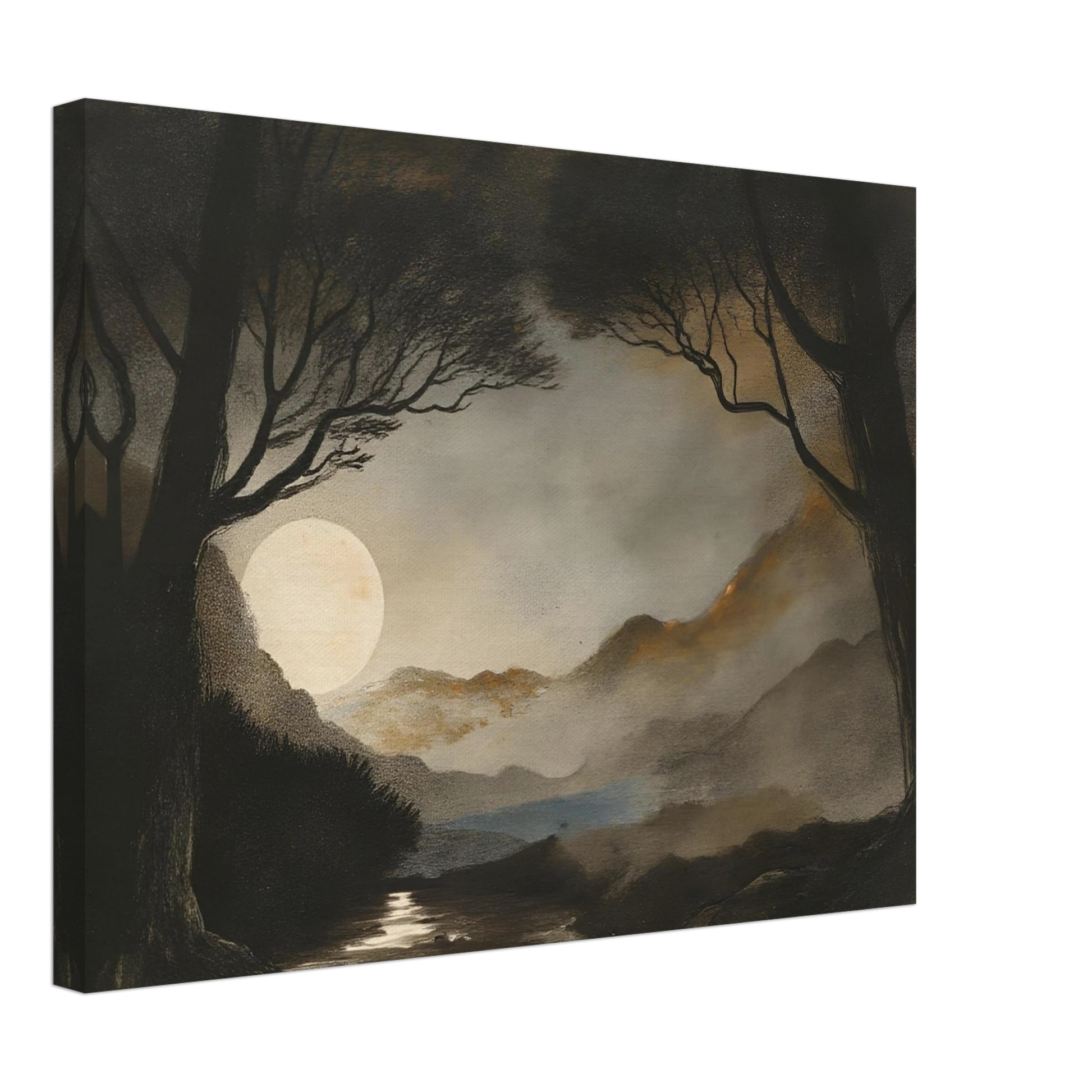 A dreamy night scene of a full moon casting light over misty mountains, dark trees, and a reflective stream.