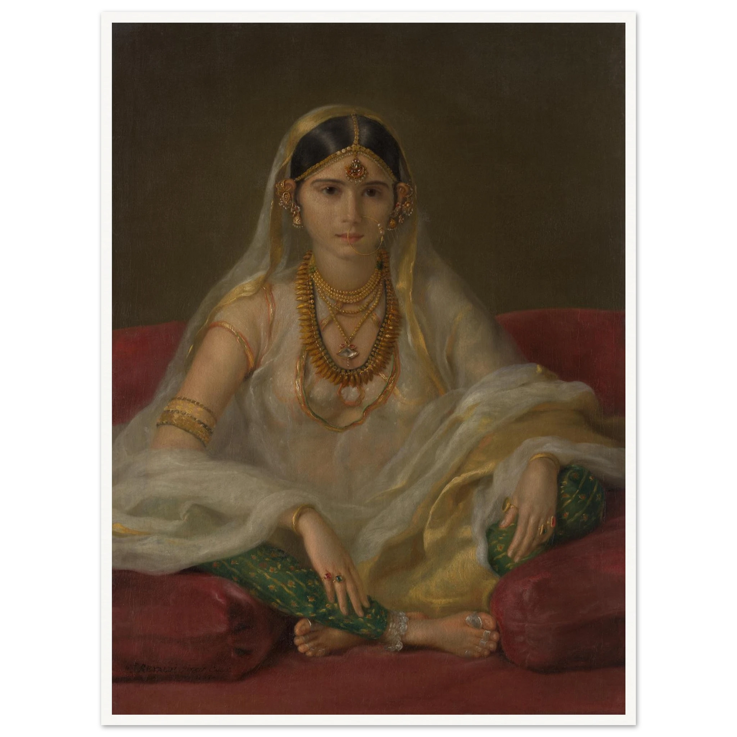 A Mughal woman in a sheer white veil and gold jewelry sits cross-legged on deep red cushions.