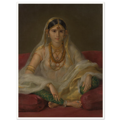 A Mughal woman in a sheer white veil and gold jewelry sits cross-legged on deep red cushions.