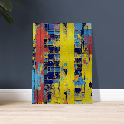 Vibrant abstract painting featuring bold strokes of red, yellow, and blue with a textured, geometric pattern.