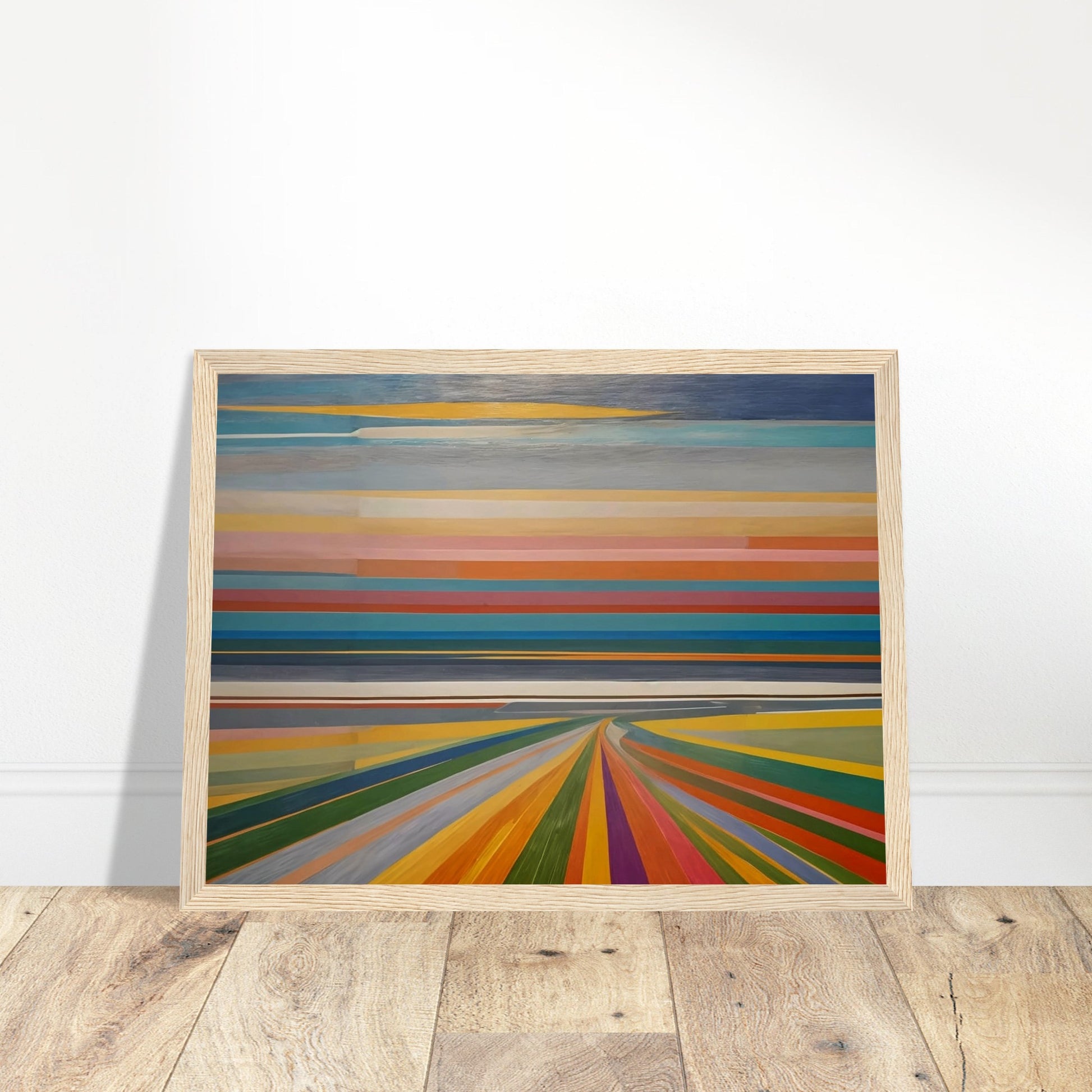 Abstract painting featuring horizontal bands of various colors, resembling a vibrant horizon and colorful road leading into the distance.