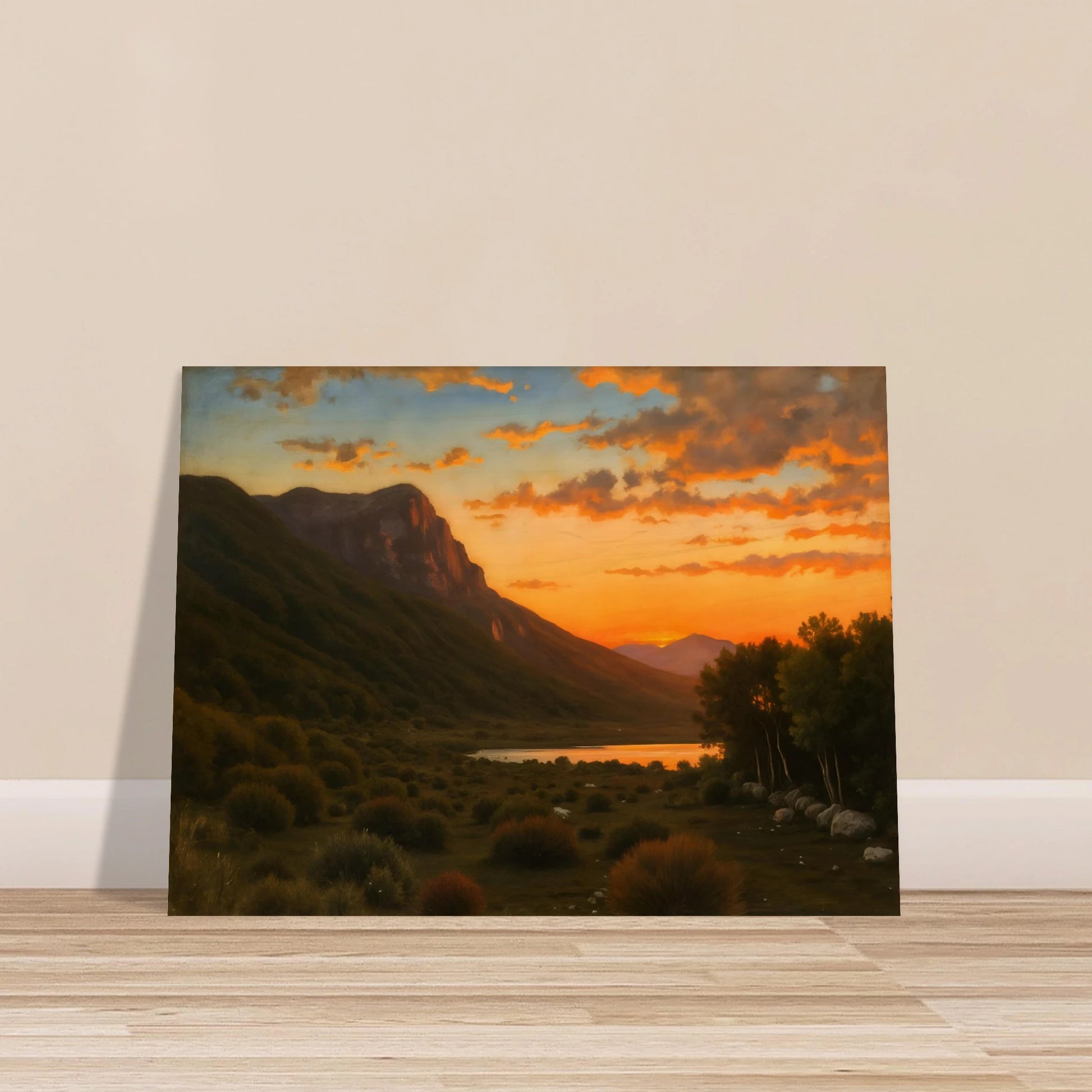 A warm landscape with a winding orange path lined by golden trees under a turquoise sky, leading toward a distant sea.