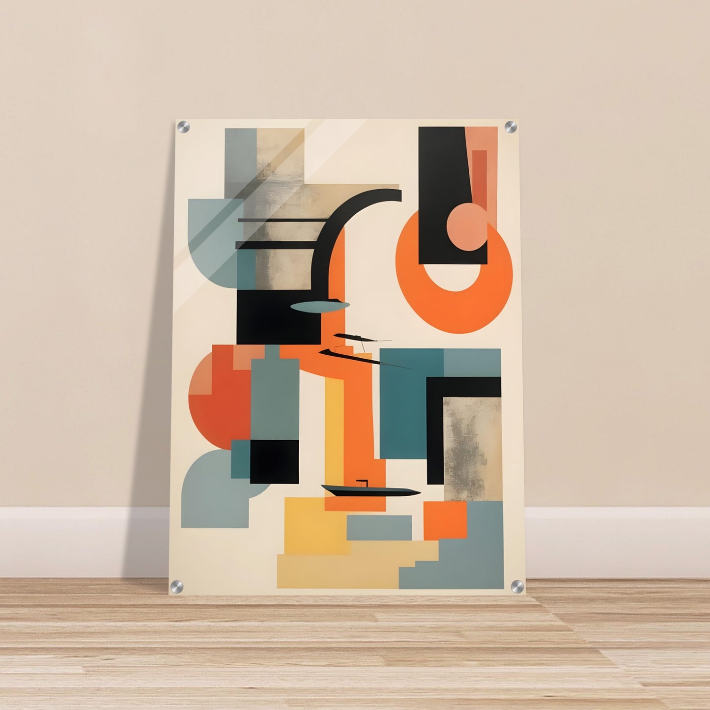 A geometric abstract painting featuring bold shapes in teal, orange, black, and beige, with intersecting lines and modern design elements.