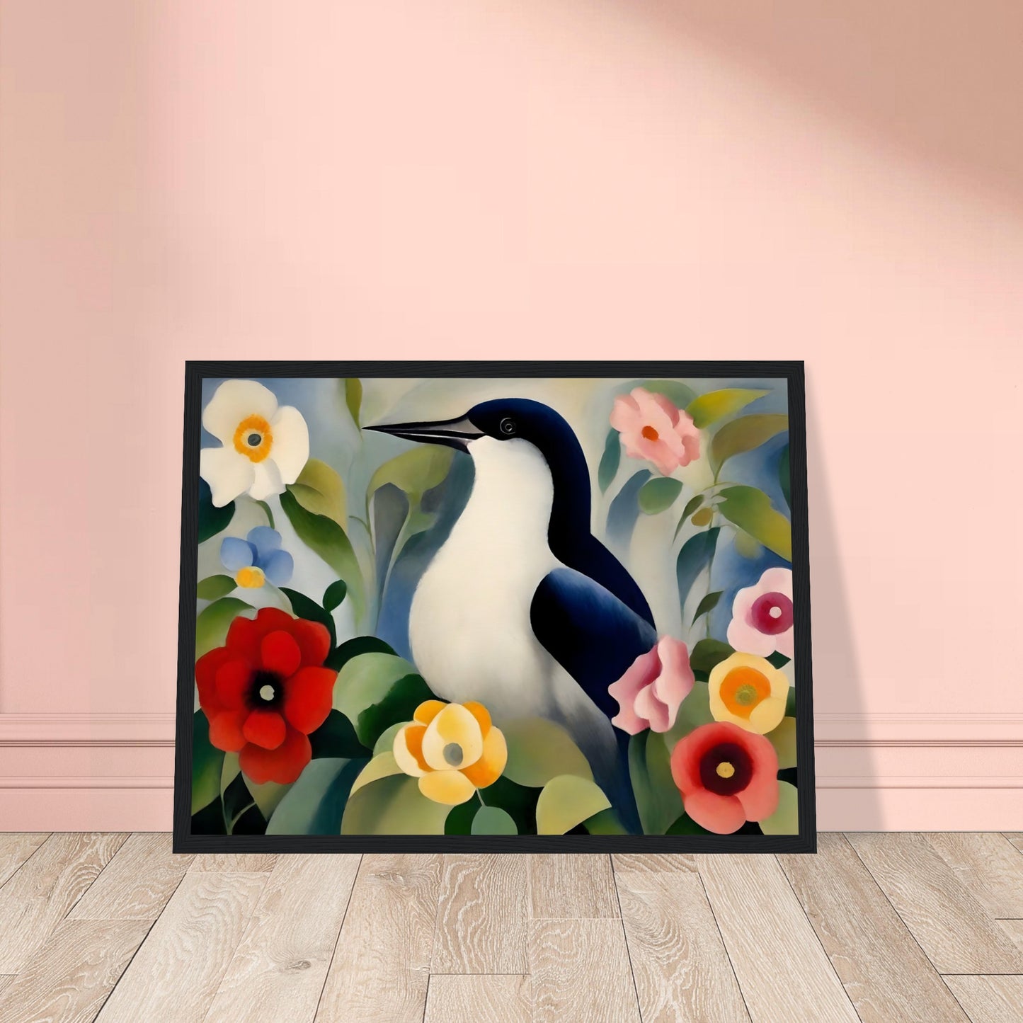 A serene painting of a black-and-white bird perched amidst colorful flowers, including red, yellow, and pink blooms, surrounded by lush green leaves.