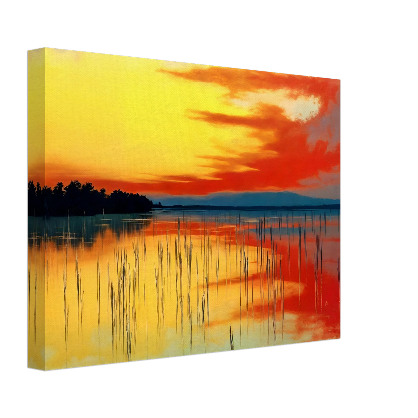 A vivid sunset over calm waters, where orange and yellow hues mirror the sky’s fiery glow and reeds stand in quiet balance.