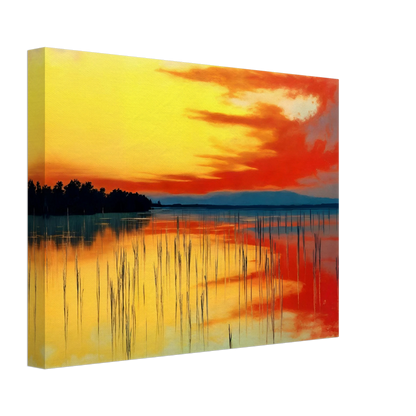 A vivid sunset over calm waters, where orange and yellow hues mirror the sky’s fiery glow and reeds stand in quiet balance.