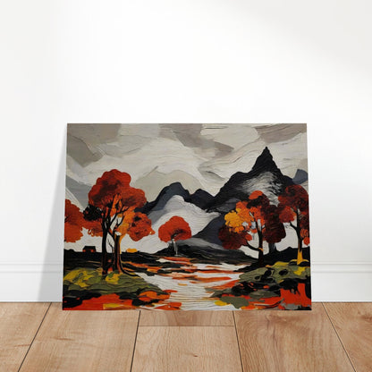 A striking painting of mountains with autumn trees reflected in a river, featuring vivid reds and oranges.