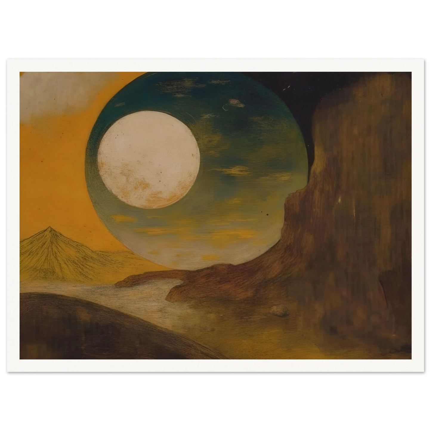 A glowing moon rises over desert cliffs, golden sky, distant pyramid, and shadowed hills.