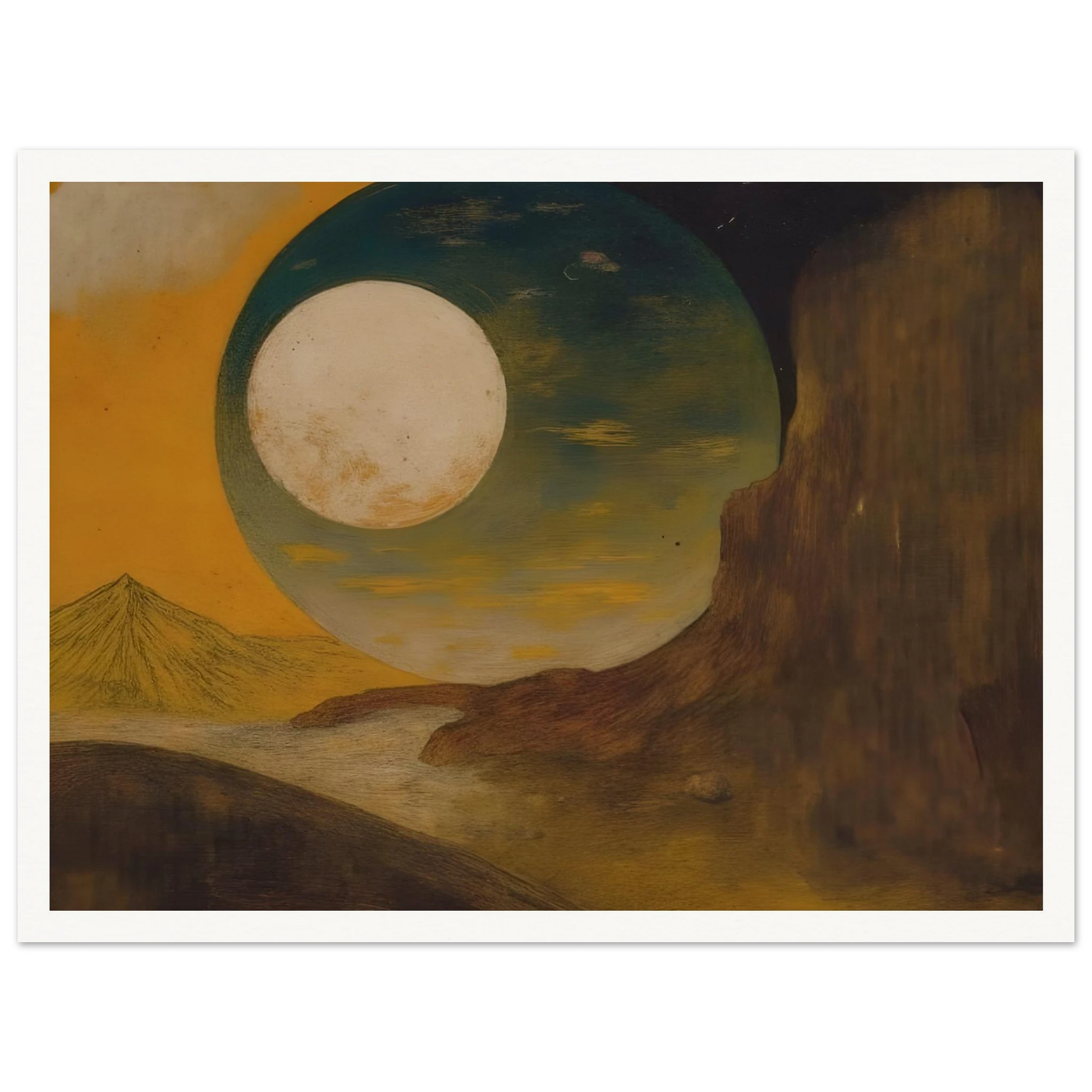 A glowing moon rises over desert cliffs, golden sky, distant pyramid, and shadowed hills.