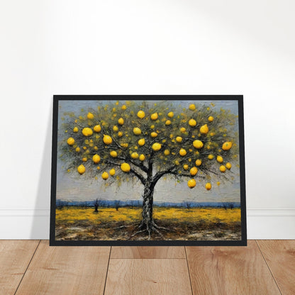 Vivid painting of a lemon tree filled with golden yellow fruits, standing in a sunlit yellow field with a serene blue horizon.