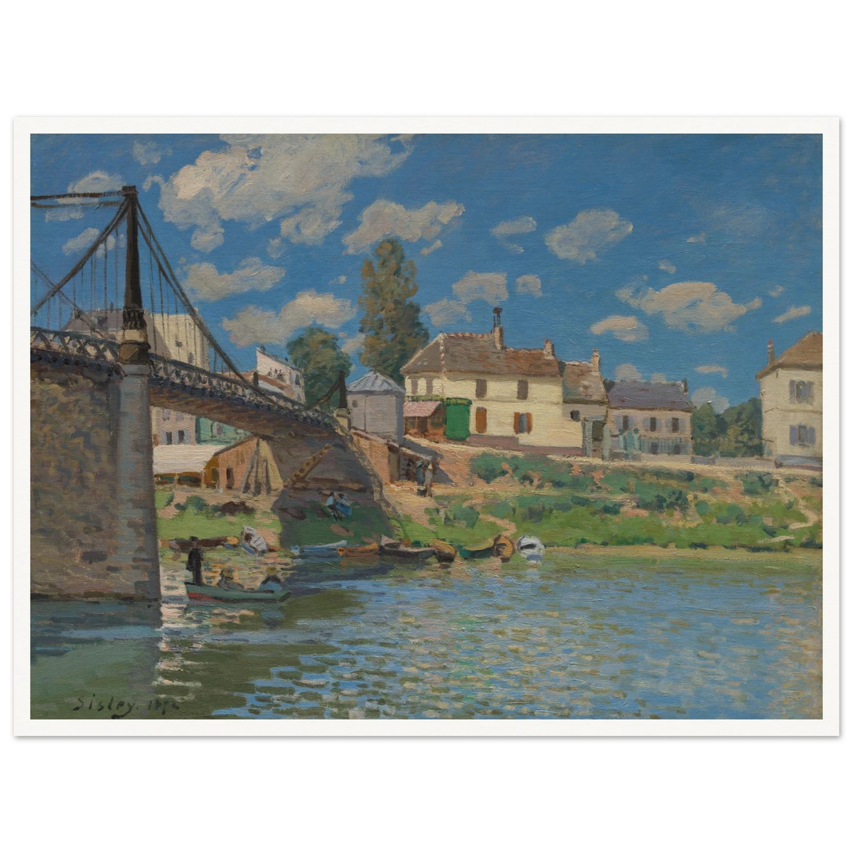 A suspension bridge, riverside houses, and small boats line the Seine under a bright blue sky.