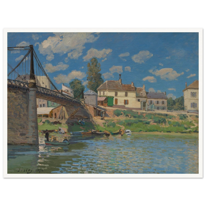 A suspension bridge, riverside houses, and small boats line the Seine under a bright blue sky.