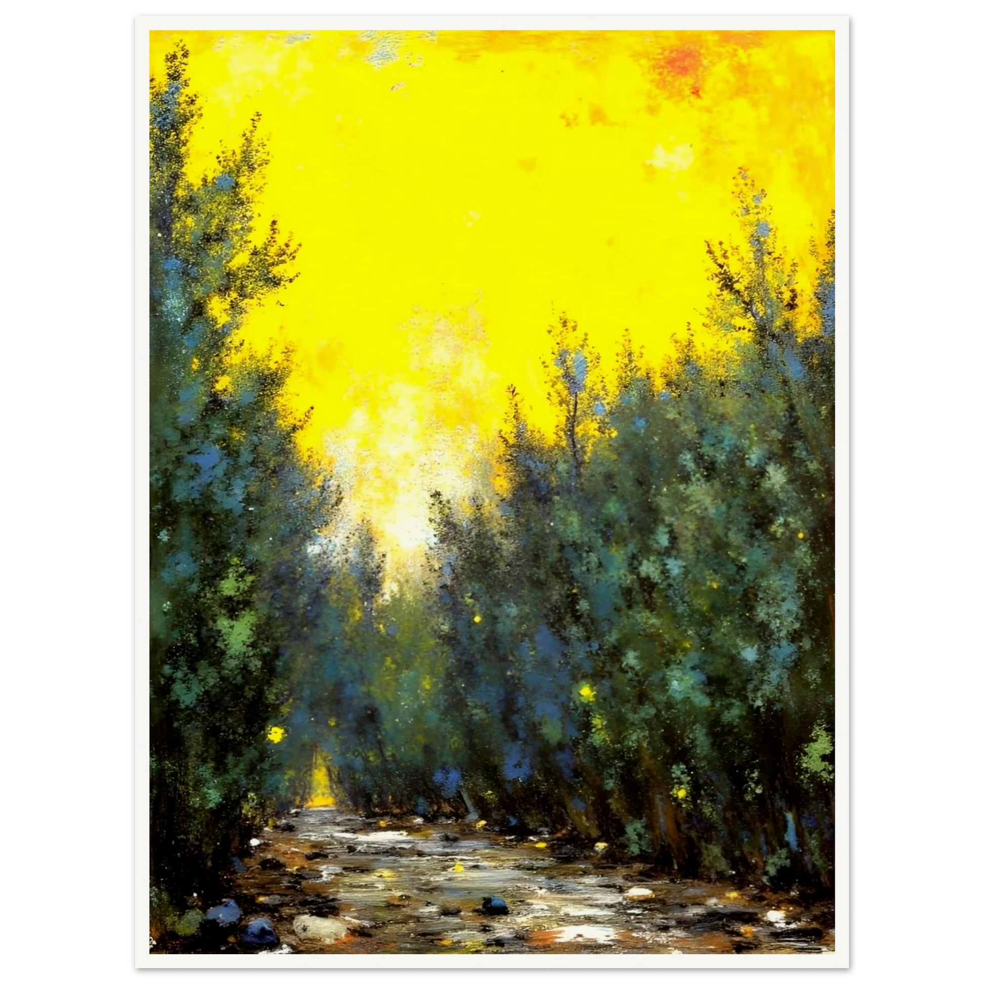 A glowing yellow sky illuminates a narrow forest path lined with lush green trees and scattered stones in soft sunlight.