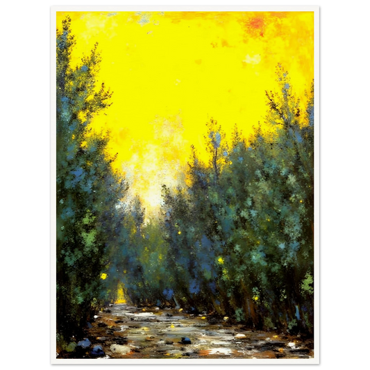 A glowing yellow sky illuminates a narrow forest path lined with lush green trees and scattered stones in soft sunlight.