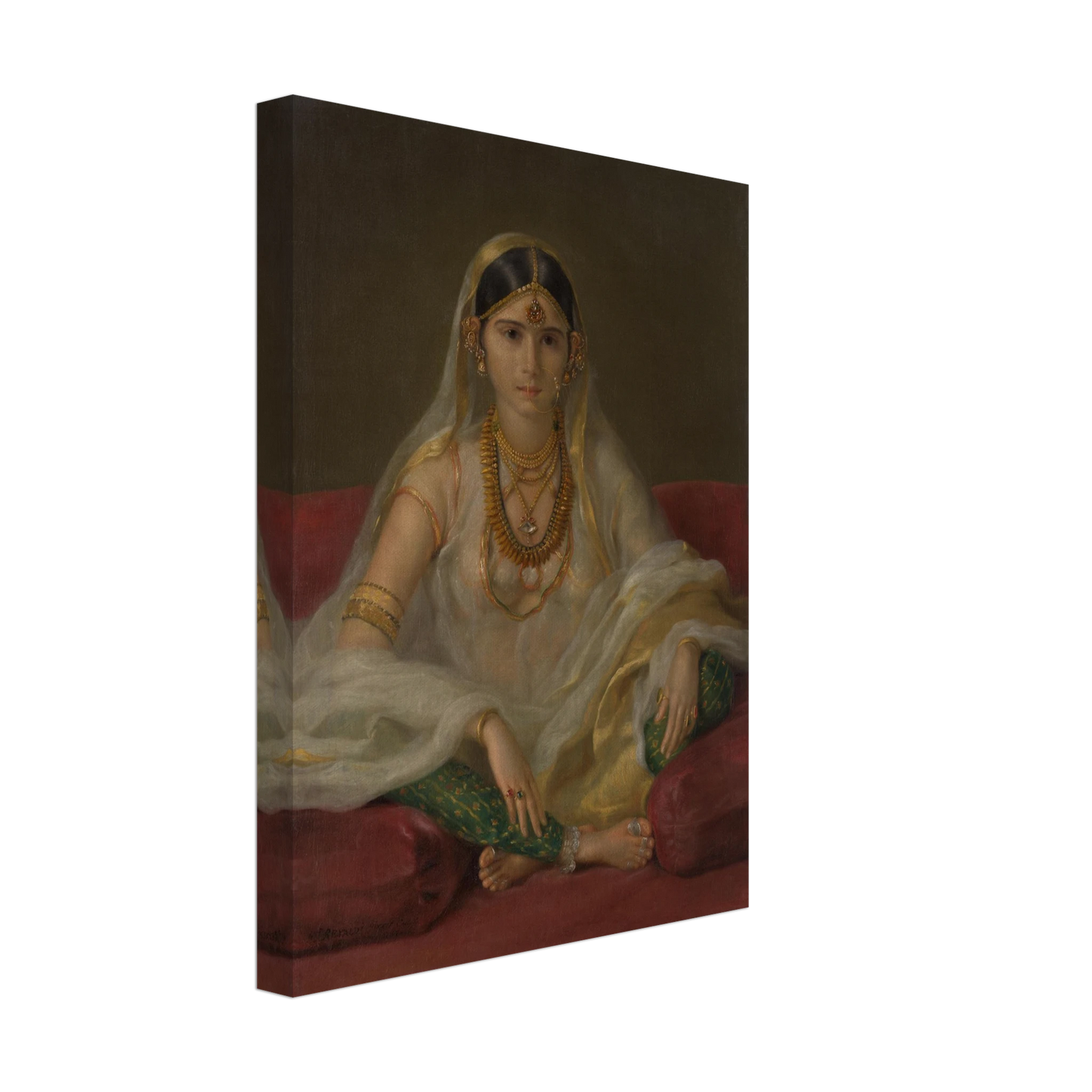 A Mughal woman in a sheer white veil and gold jewelry sits cross-legged on deep red cushions.