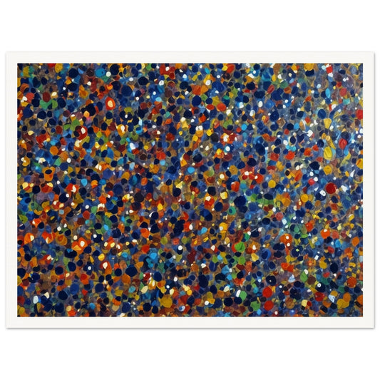 A dynamic display of colorful dots in various shades of blue, orange, green, and red, creating a vibrant and energetic pattern reminiscent of a starry sky or confetti.
