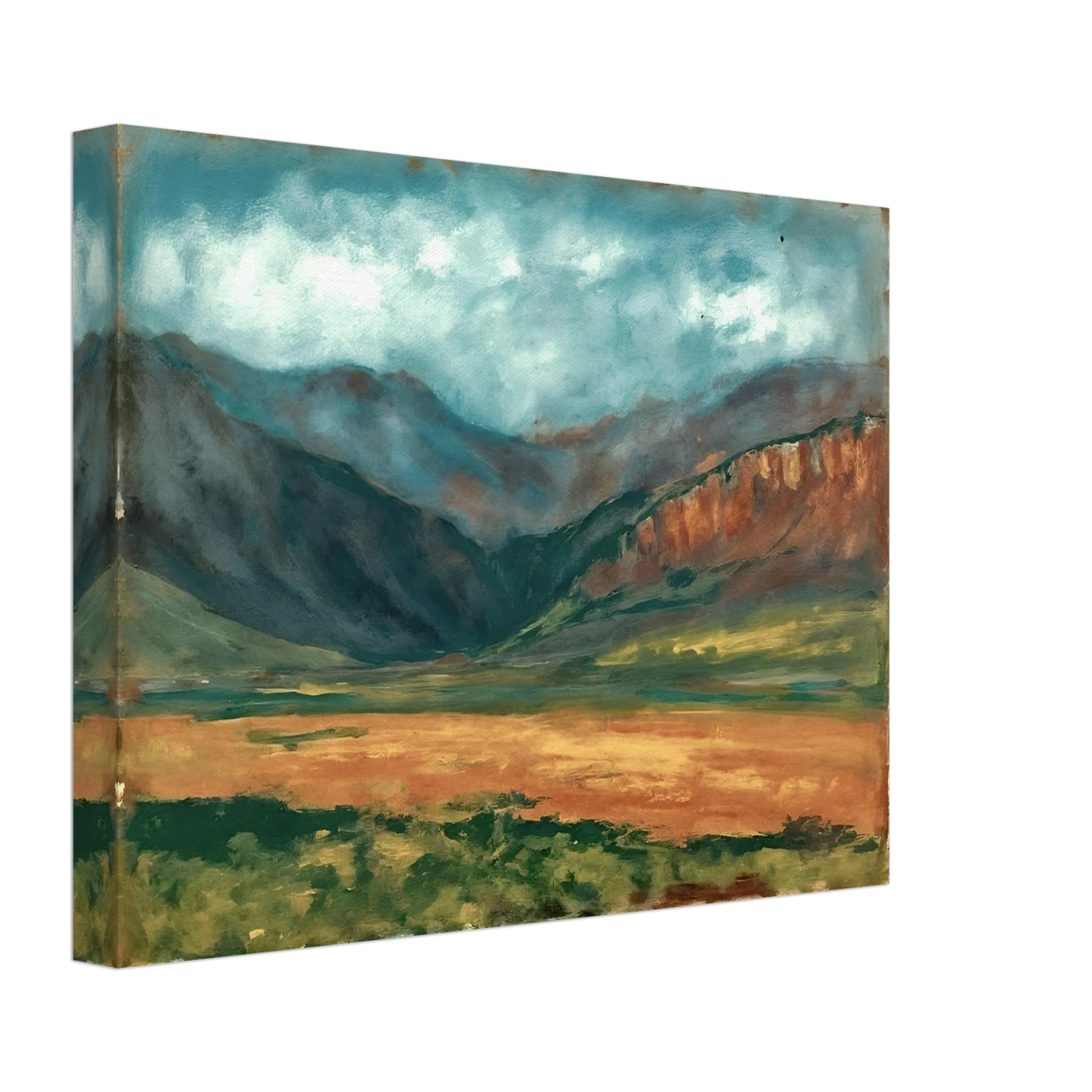 A dramatic landscape painting of a broad mountain valley under a moody blue-green sky, with rugged slopes, sunlit grasslands, and warm ochre cliffs stretching across the horizon.
