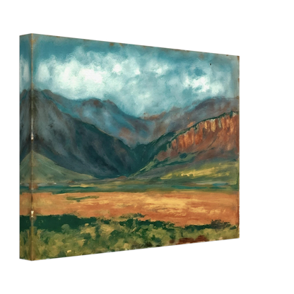 A dramatic landscape painting of a broad mountain valley under a moody blue-green sky, with rugged slopes, sunlit grasslands, and warm ochre cliffs stretching across the horizon.