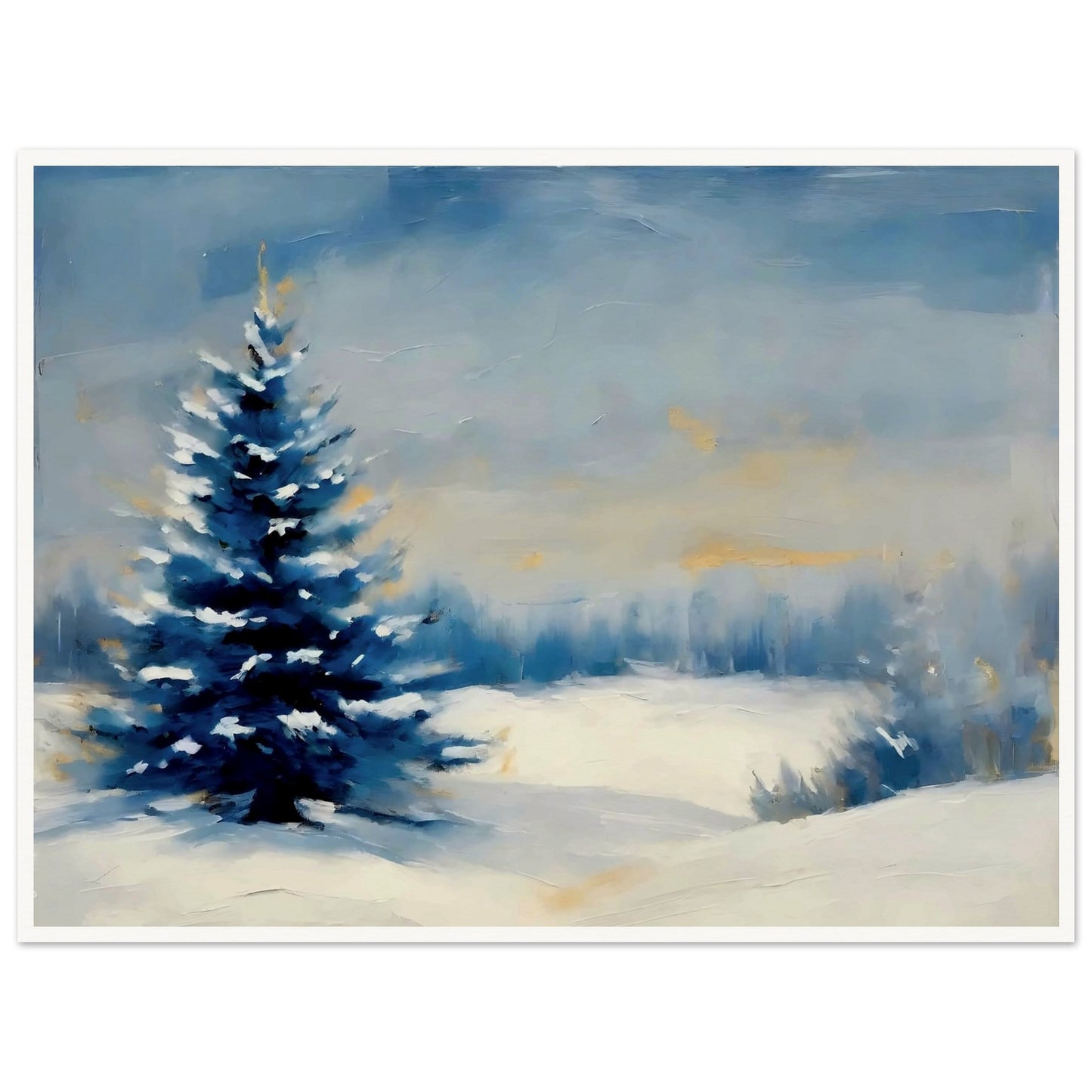 A peaceful winter landscape featuring a lone snow-covered pine tree in a vast snowy field, under a soft, hazy blue and golden sky.