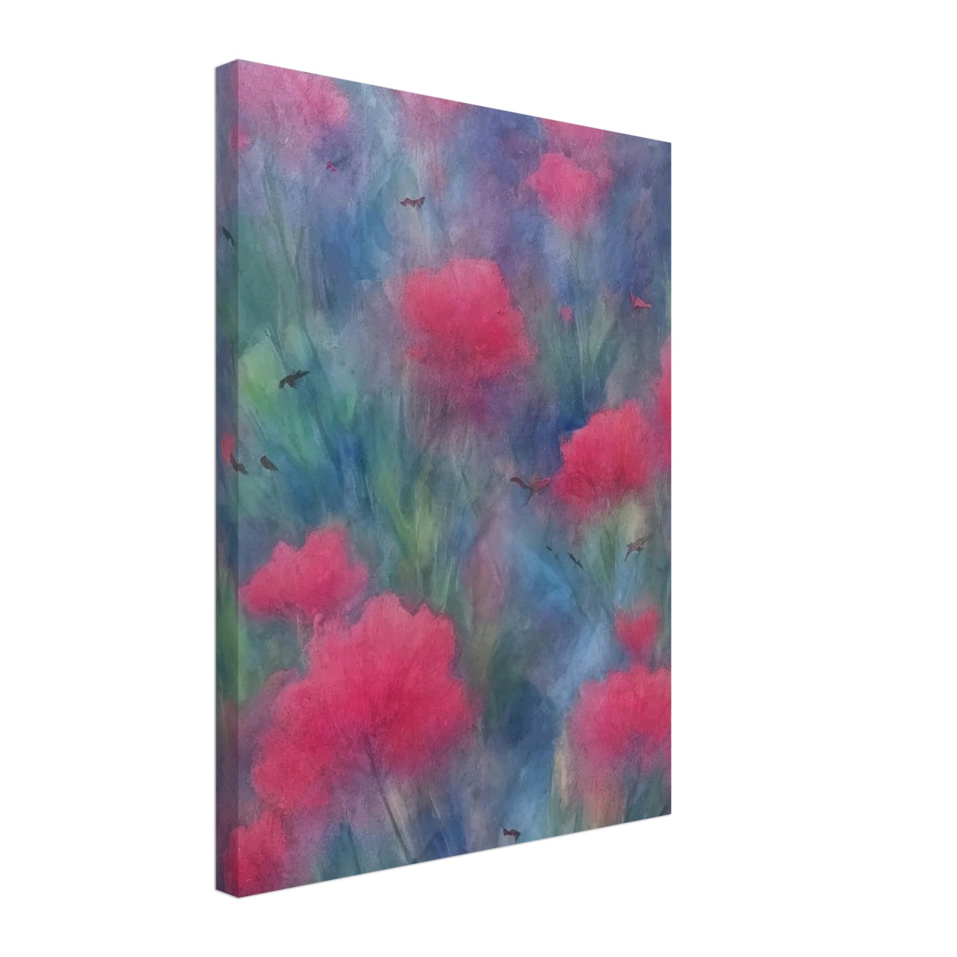 A soft-focus painting of vibrant pink flowers amidst a dreamy, blue and green background with delicate, scattered birds.