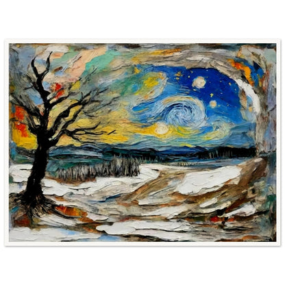 Vibrant painting of a night landscape with swirling stars, a bare tree, snowy ground, and dynamic colors evoking motion and energy