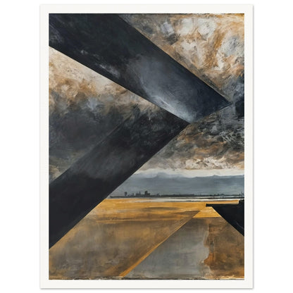 A painting featuring large geometric black shapes over a landscape with a distant industrial skyline and dramatic sky.