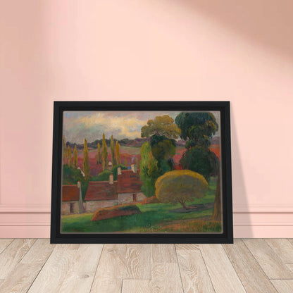A Breton village with red-roofed houses and tall trees sits beneath a soft pastel sky.