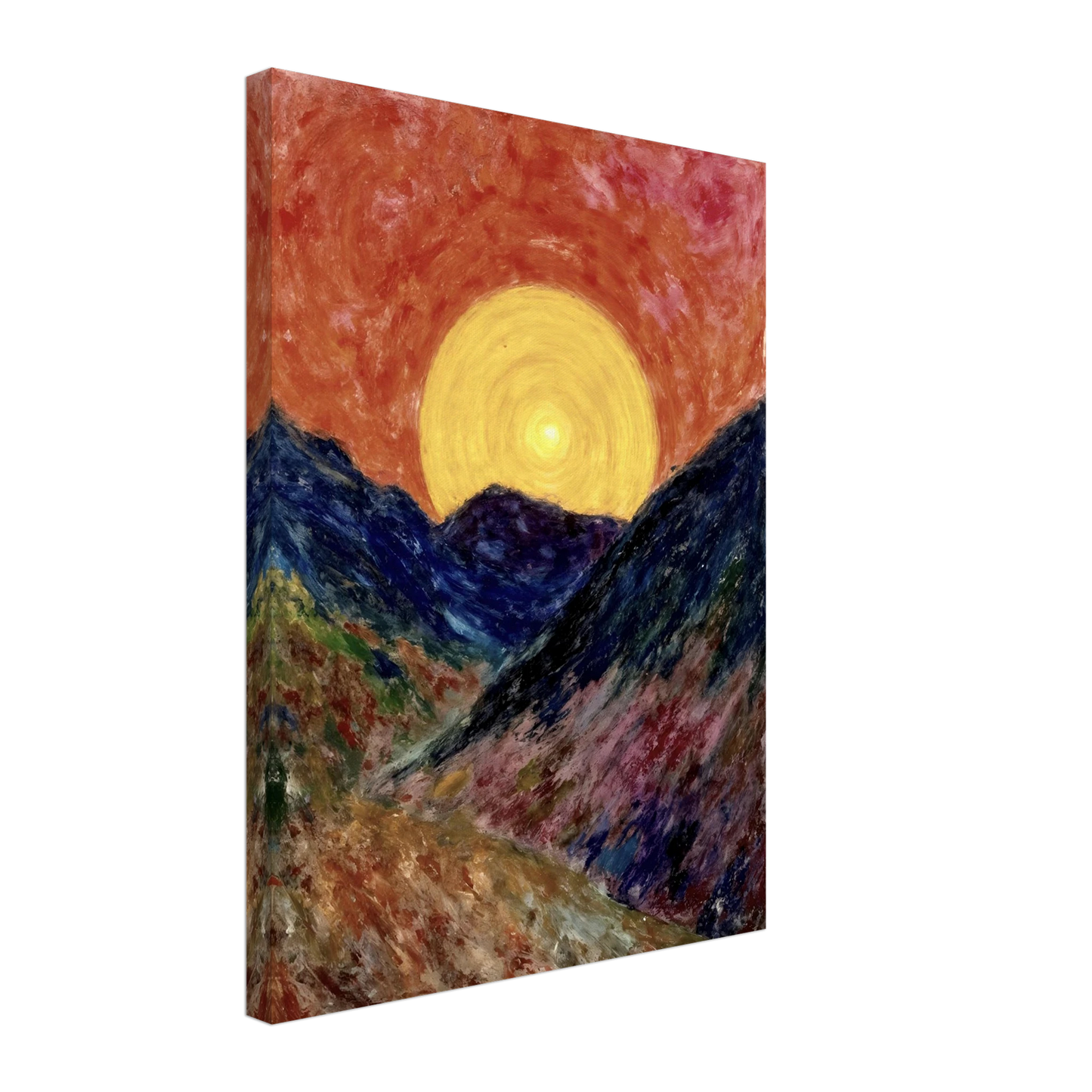 A vivid sunset over deep blue mountains with a glowing golden sun radiating warmth across the textured, colorful valley.