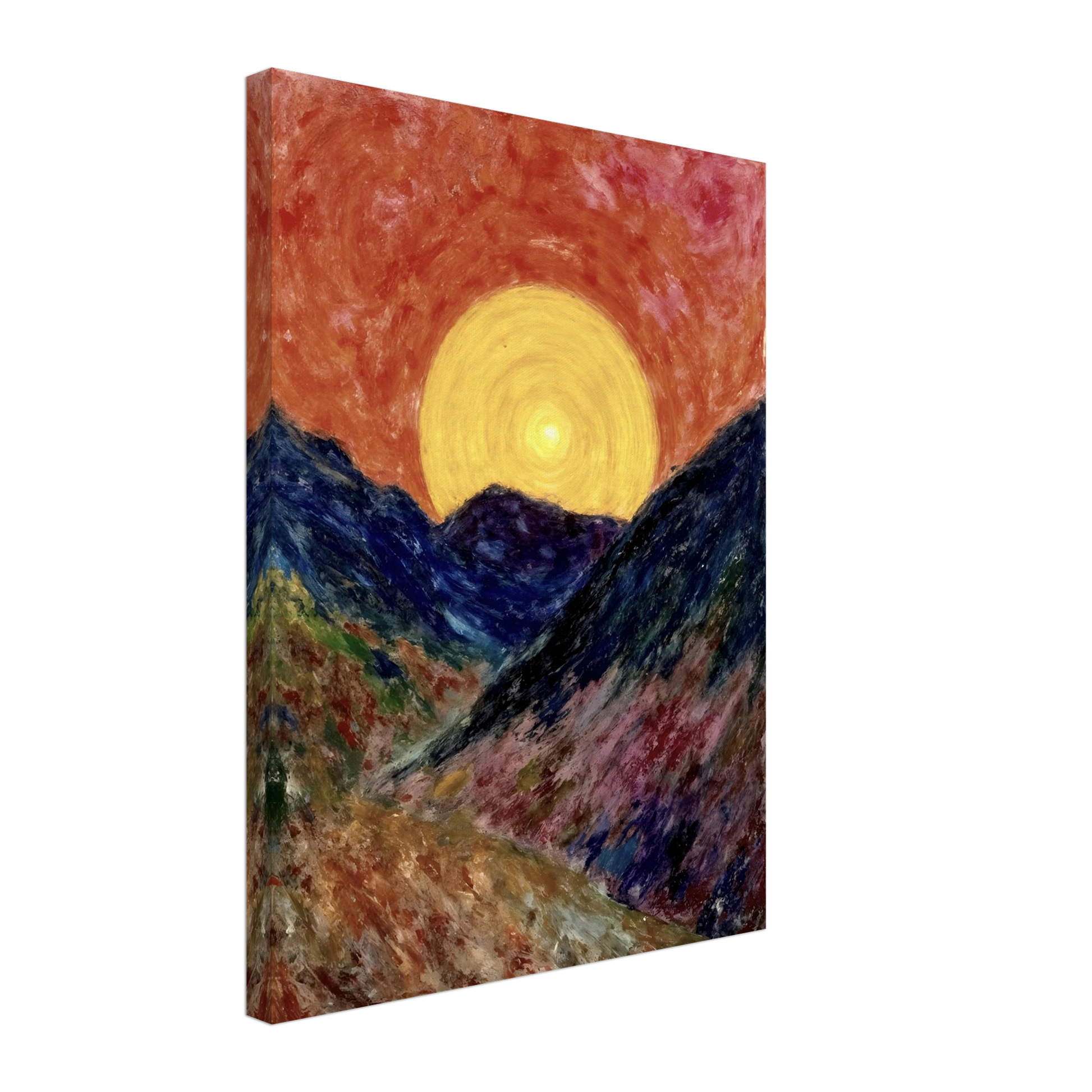 A vivid sunset over deep blue mountains with a glowing golden sun radiating warmth across the textured, colorful valley.
