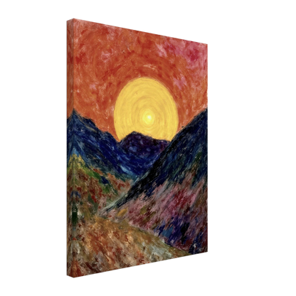 A vivid sunset over deep blue mountains with a glowing golden sun radiating warmth across the textured, colorful valley.