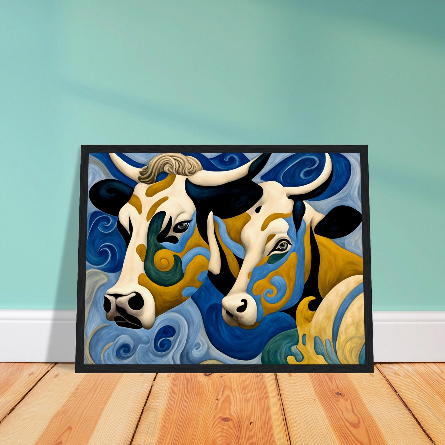 A surreal painting of two cows with intricate swirling patterns of blue, gold, and black, blending into a flowing, dreamlike background.