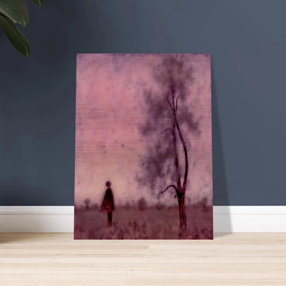 A solitary figure stands in a hazy pink field beside a tree, enveloped by a dreamlike, muted magenta atmosphere.
