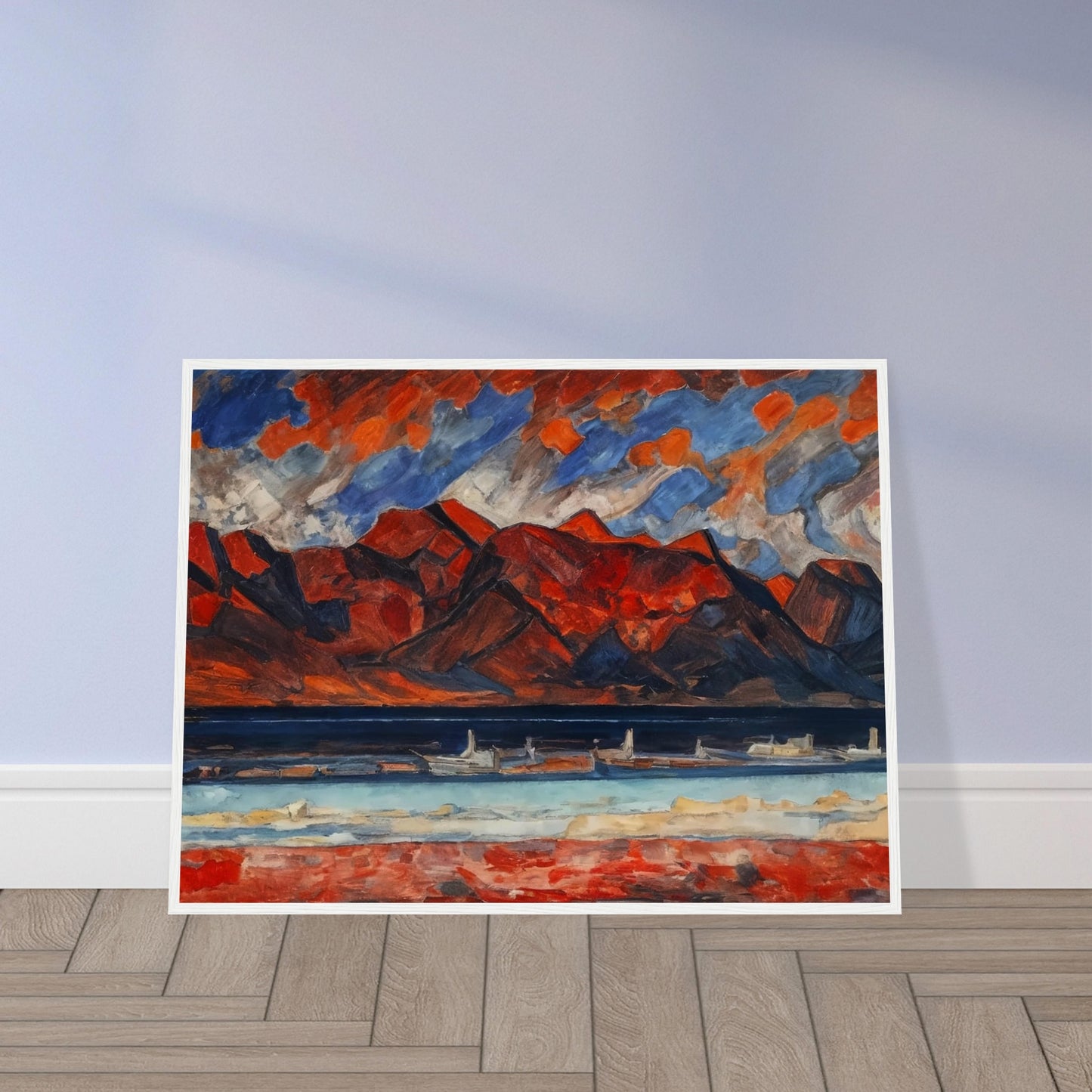 A striking landscape painting with red mountains under a dramatic sky, reflecting vibrant hues in a serene body of water.