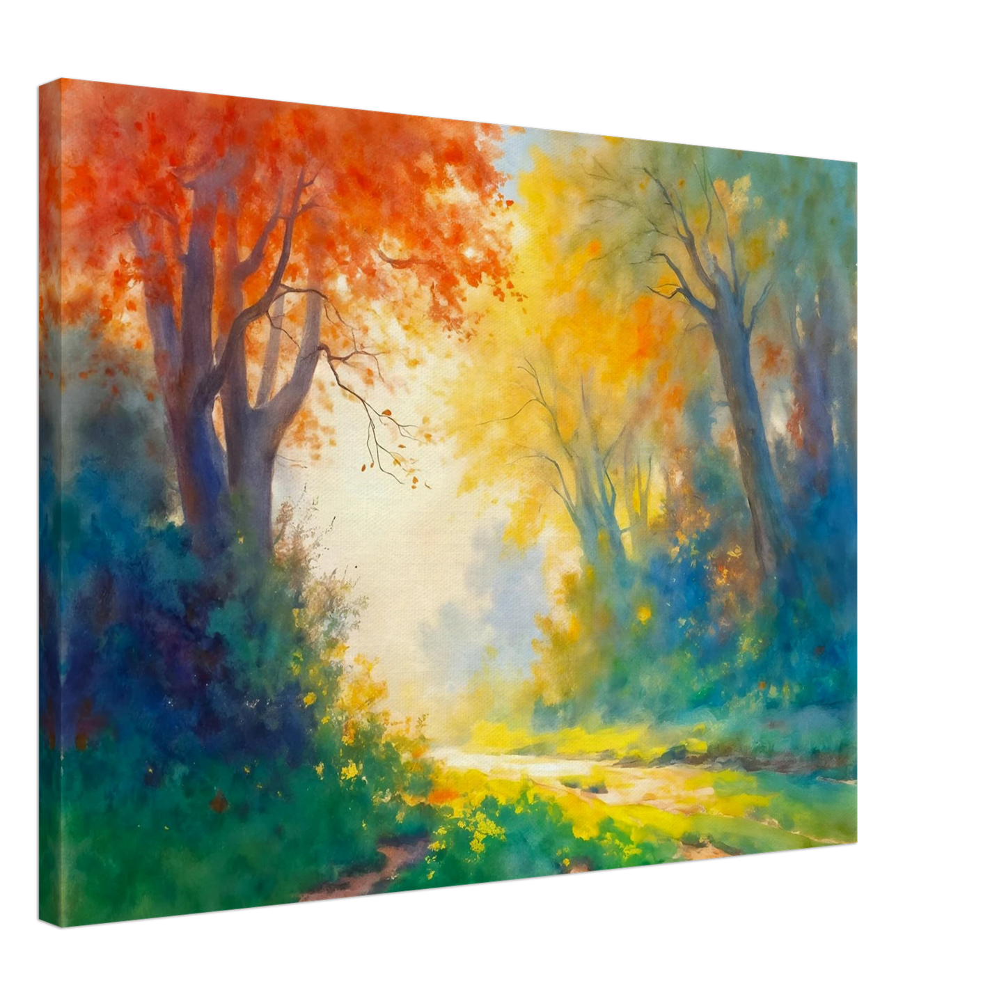 Luminous forest path framed by fiery autumn leaves, golden sunlight, and misty blue-green woods in a vibrant dreamlike landscape.