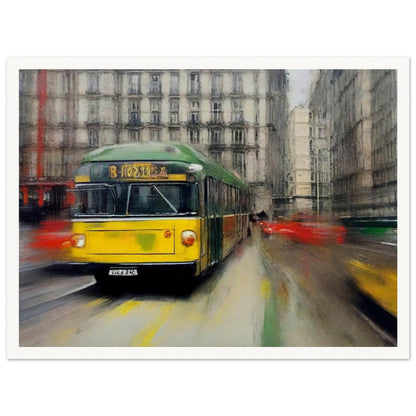 "A dynamic painting of a yellow and green tram speeding through a busy city street, with blurred surroundings capturing the movement of urban life."