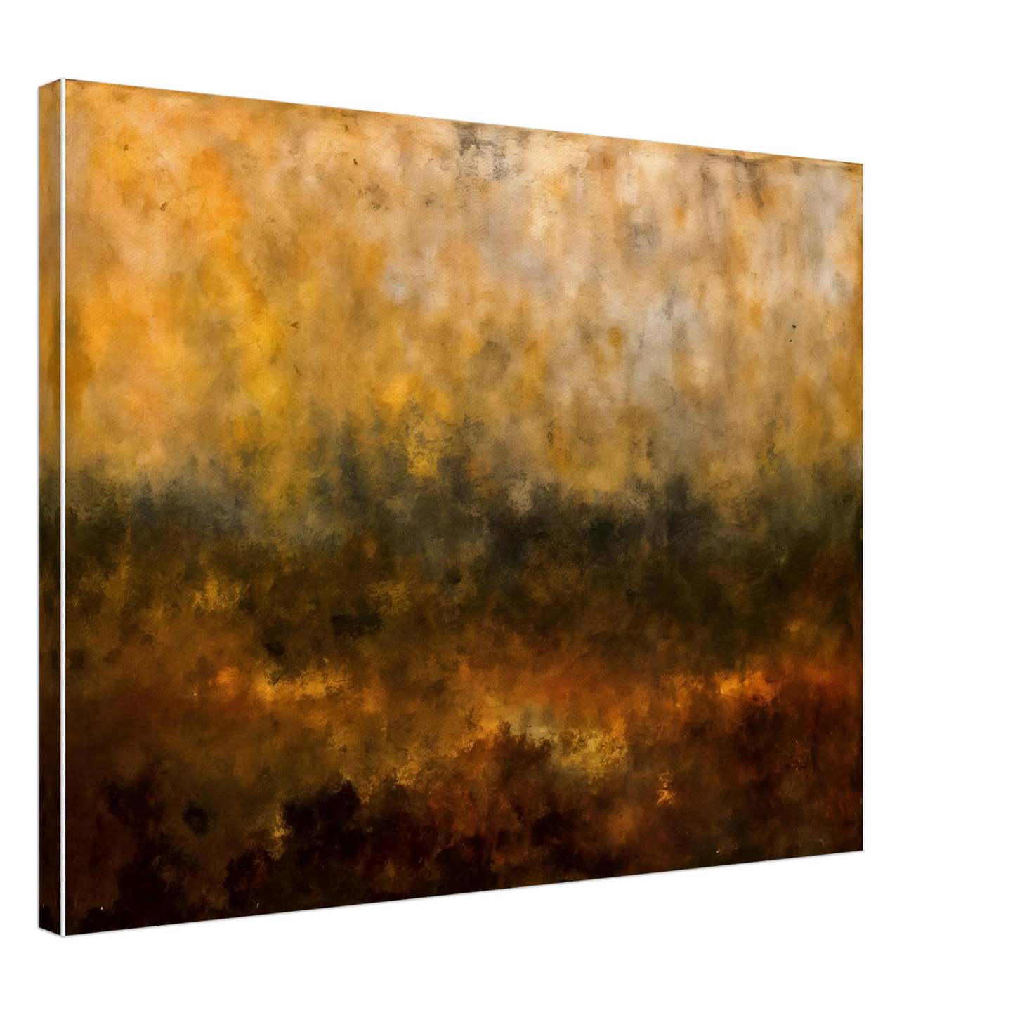 A moody forest silhouette emerges through golden mist and smoky amber tones, blending shadowy trees with glowing autumn light.