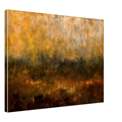A moody forest silhouette emerges through golden mist and smoky amber tones, blending shadowy trees with glowing autumn light.