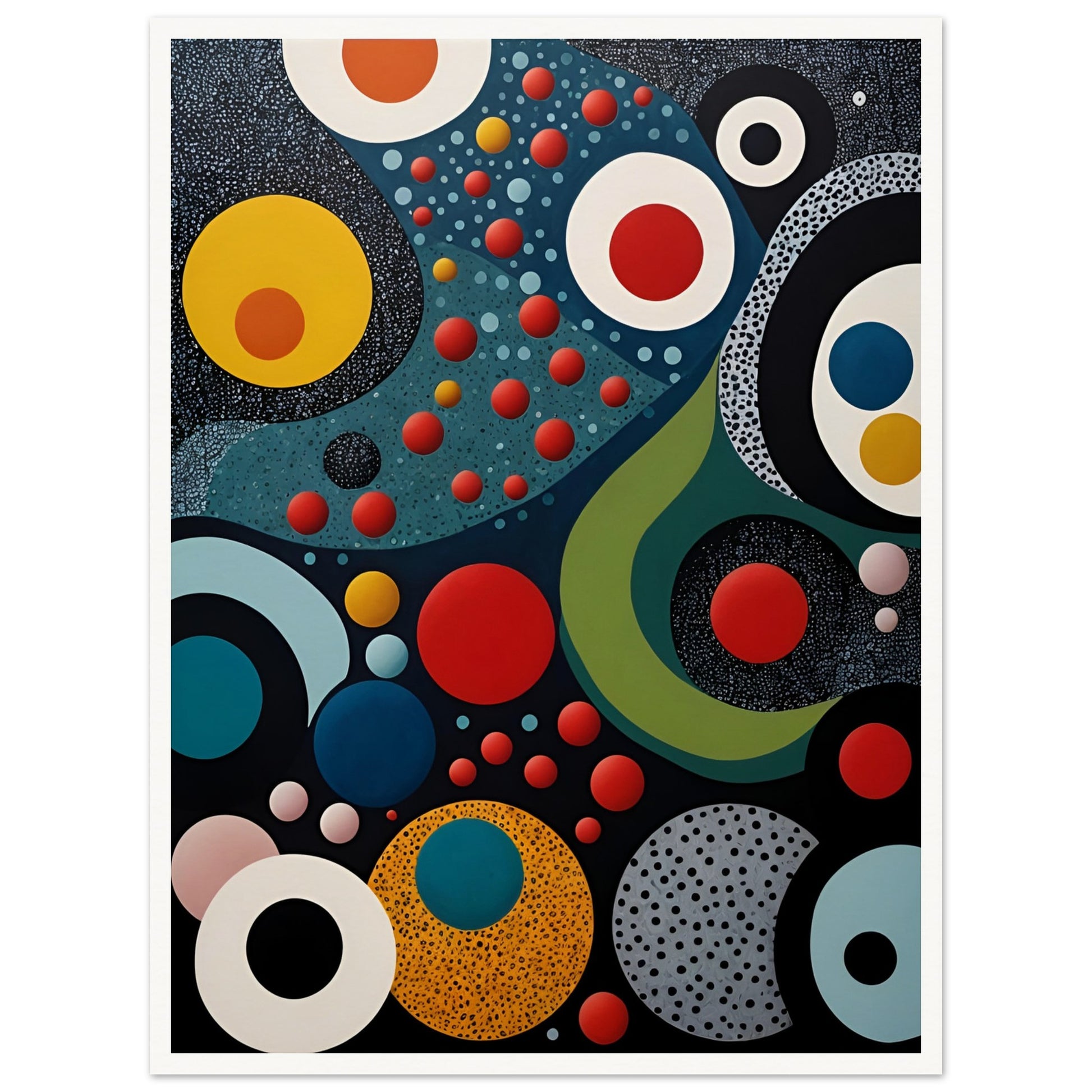 A vibrant geometric painting with bold circles, dots, and flowing shapes in red, blue, yellow, and black, resembling a cosmic abstract scene.