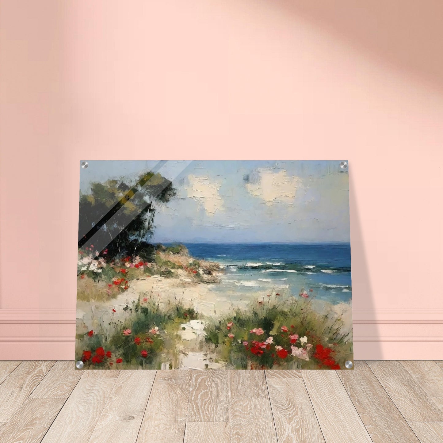 A picturesque painting of a serene beach with vibrant flowers in the foreground and calm ocean waves under a partly cloudy sky.