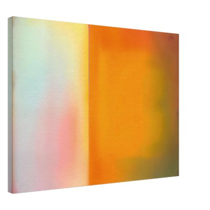 Soft luminous color field with glowing amber, pale blush, and misty light divided by a radiant vertical threshold.