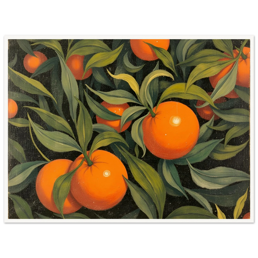 Bright oranges nestled in a sea of lush green leaves, bursting with life and sun-kissed vibrance on a deep backdrop.