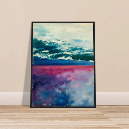 Teal ocean waves roll beneath a pale sky, with pink and blue reflections glowing below.