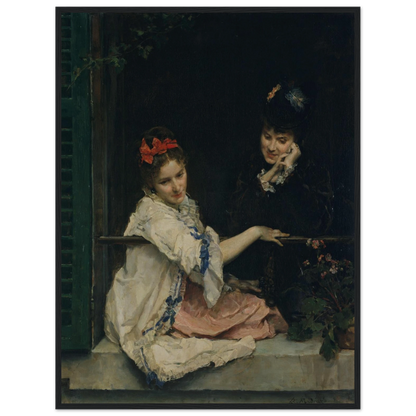 Two girls sit at a dark window, one in white with a red bow and the other in black.